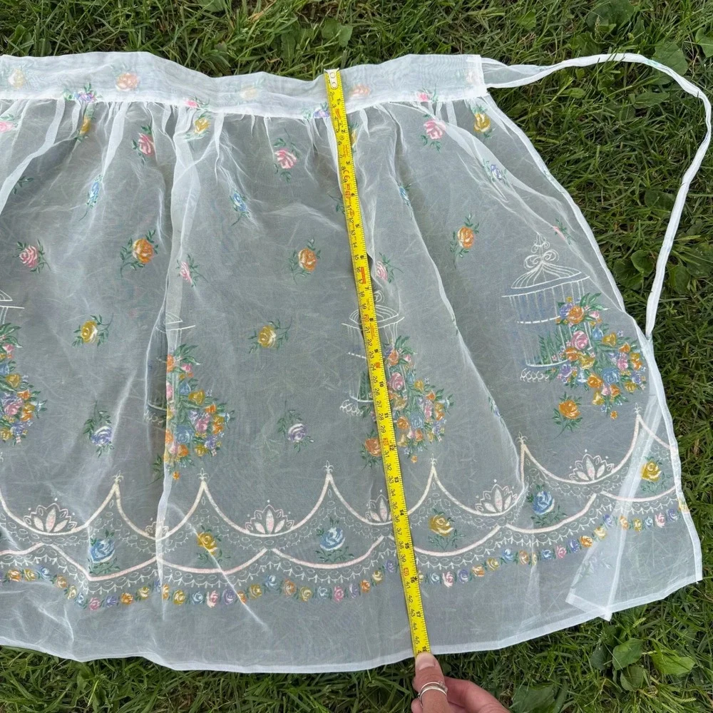 Vintage Half Apron White Sheer Floral Birdcage Scalloped Organza Retro 50s
